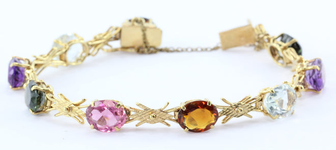 18K Yellow Gold Natural Garnet, Aquamarine, Amethyst, Tourmaline, Citrine Bracelet - Queen May