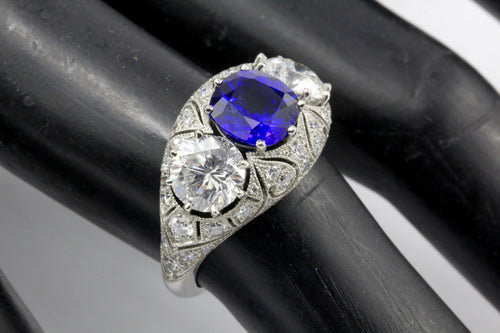 French Art Deco Style Platinum 2.6 Carat Blue Sapphire Diamond Ring IGI - Queen May