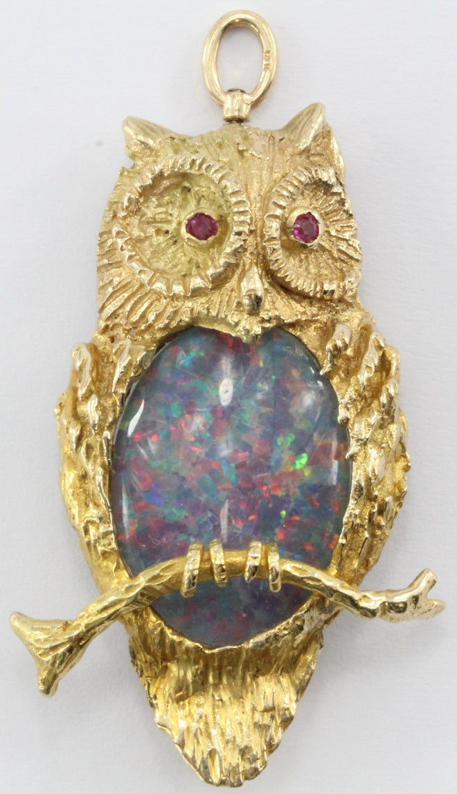 Vintage Designer 14K Gold & Opal & Ruby Perched Owl Pendant / Brooch - Queen May