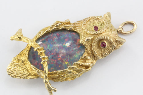 Vintage Designer 14K Gold & Opal & Ruby Perched Owl Pendant / Brooch - Queen May