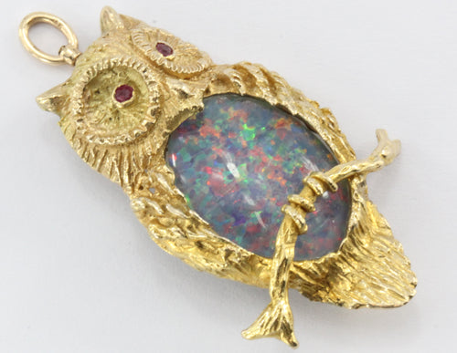 Vintage Designer 14K Gold & Opal & Ruby Perched Owl Pendant / Brooch - Queen May