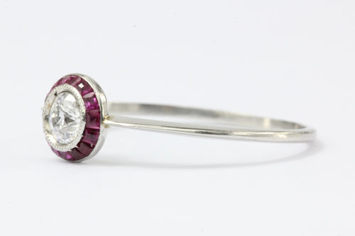 Art Deco Platinum Diamond and Ruby Halo Ring Size 7.25 - Queen May