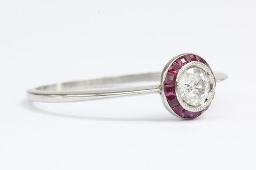 Art Deco Platinum Diamond and Ruby Halo Ring Size 7.25 - Queen May