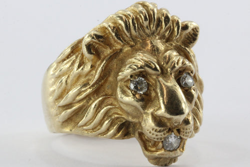 Vintage 14K Gold & Diamond Chunky Figural Lions Head Ring .31 CTW - Queen May