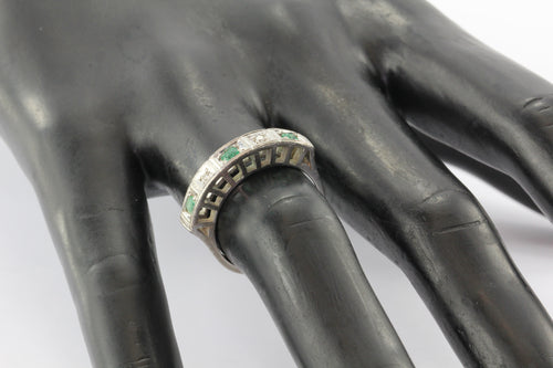 Art Deco Emerald Diamond 18K White Gold Cathedral Band Ring - Queen May