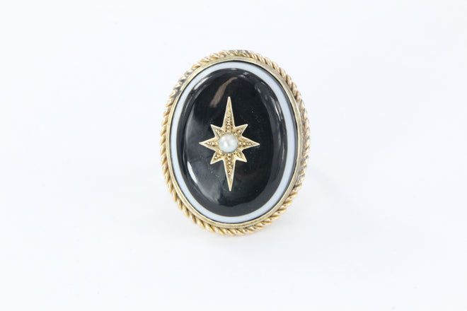 Antique Victorian & Gold Banded Agate Starburst Pearl Conversion Ring - Queen May