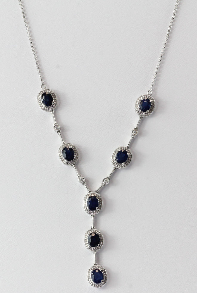 14K White Gold Natural Sapphire & Diamond Necklace - Queen May