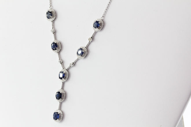 14K White Gold Natural Sapphire & Diamond Necklace - Queen May