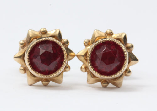 Vintage Soviet USSR Russian 14K Rose Gold & Ruby Screw Back Stud Earrings - Queen May