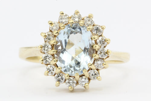 Vintage 14K Gold Aquamarine w/ Diamond Halo Ring - Queen May