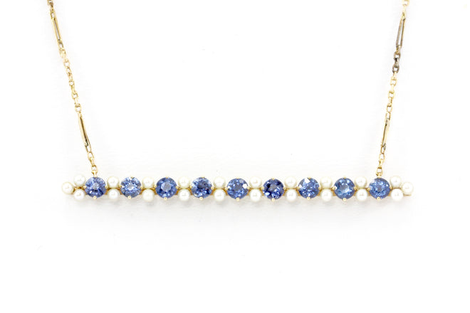 14K Gold Victorian Sapphire and Pearl Bar Pin Conversion Necklace - Queen May