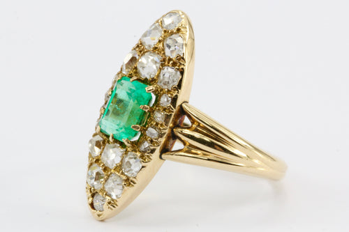 Edwardian 15K Gold Emerald & Old Mine Cut Diamond Navette Ring c.1900 - Queen May