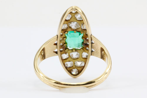 Edwardian 15K Gold Emerald & Old Mine Cut Diamond Navette Ring c.1900 - Queen May