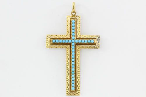 Victorian 15K Gold Persian Turquoise Pierced Cross Pendant c.1880 in Box - Queen May