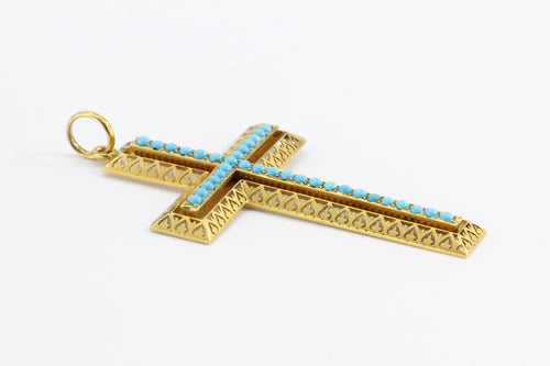 Victorian 15K Gold Persian Turquoise Pierced Cross Pendant c.1880 in Box - Queen May
