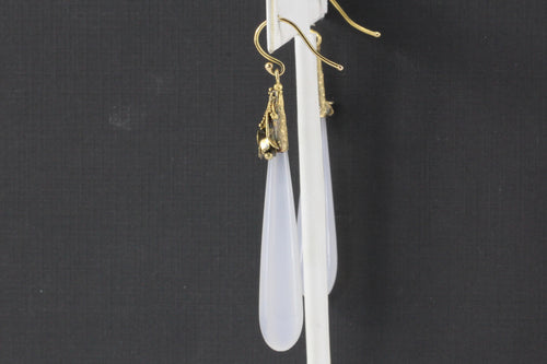 Victorian 15K Gold White Purple Chalcedony Drop Dangle Earrings c.1835 - Queen May