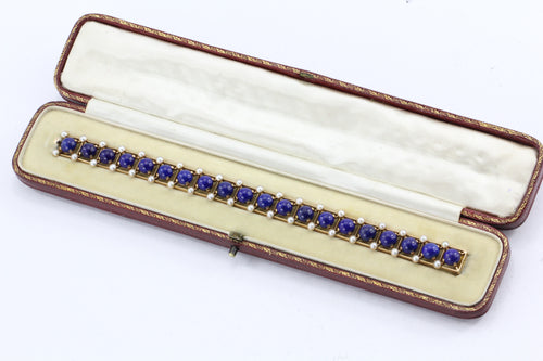 Victorian 15K Rose Gold Lapis & Pearl Fret Work Bracelet c.1880 - Queen May