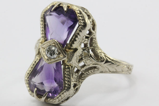 Antique Art Deco 14K White Gold Amethyst & Diamond Ring - Queen May