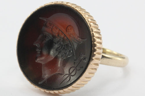Antique Carnelian Mercury Caduceus Signet Seal 10K Rose Gold Ring - Queen May