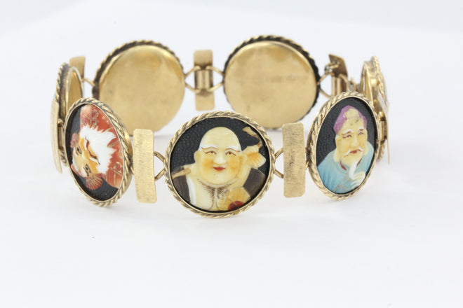 Antique 18K Gold Japanese Toshikane 7 Lucky Gods Bracelet Signed RARE 8.25" - Queen May