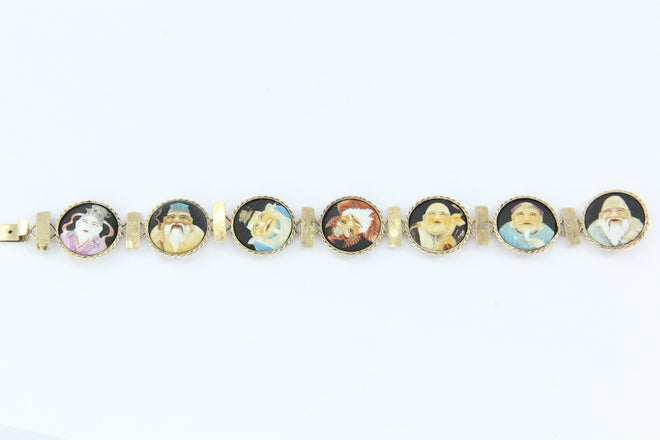 Antique 18K Gold Japanese Toshikane 7 Lucky Gods Bracelet Signed RARE 8.25" - Queen May