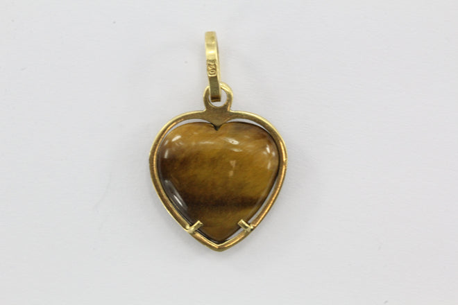 Vintage 18K Gold Tigers Eye Heart Charm Pendant - Queen May