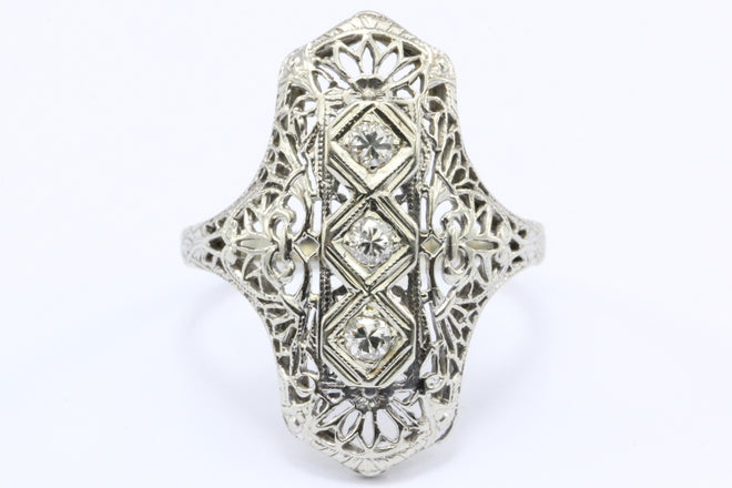 Art Deco 14K White Gold 3 Stone Old European Diamond Ring C.1920's - Queen May