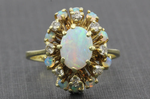 Retro 14K Gold Opal Diamond Cluster Ring c.1950's - Queen May