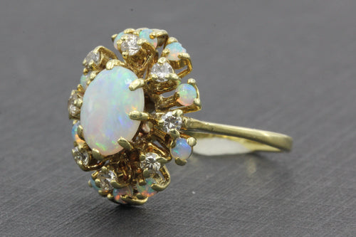 Retro 14K Gold Opal Diamond Cluster Ring c.1950's - Queen May