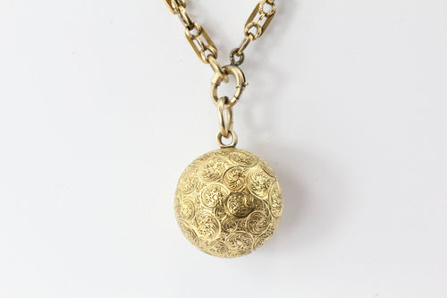 Victorian 18K Gold Ball Locket Pendant on 14K Gold Chain - Queen May