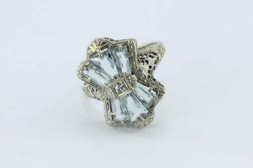 Antique Art Deco 14K White Gold Diamond & Aquamarine Fan Ring - Queen May