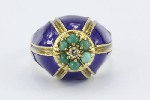 Antique Art Deco Enos Richardson Blue Enamel, Turquoise & Diamond Dome Ring - Queen May