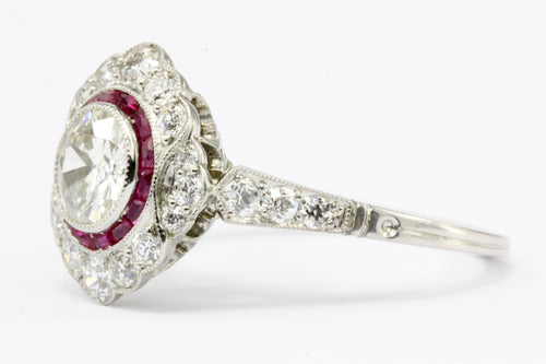 Edwardian Style Platinum .63 CT Diamond Ruby Halo Handmade Ring Size 6 - Queen May