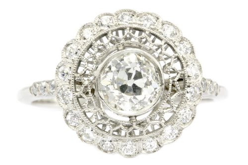 Edwardian Style Handmade Platinum Old European Cut Diamond Halo Ring Size 6.5 - Queen May