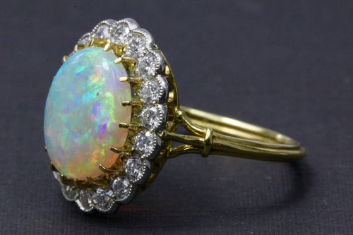Victorian Revival 18K White Gold and Platinum Opal and Diamond Halo Ri ...