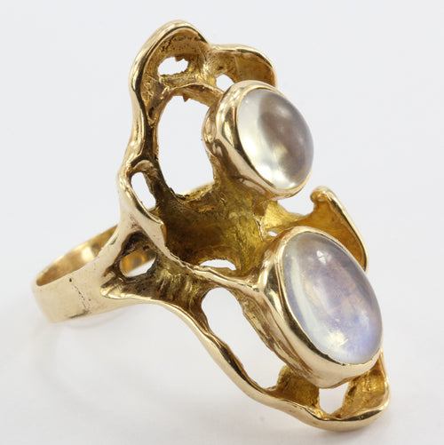 Modernist Abstract 14K Gold Chunky Double Moonstone Ring Signed G - Queen May