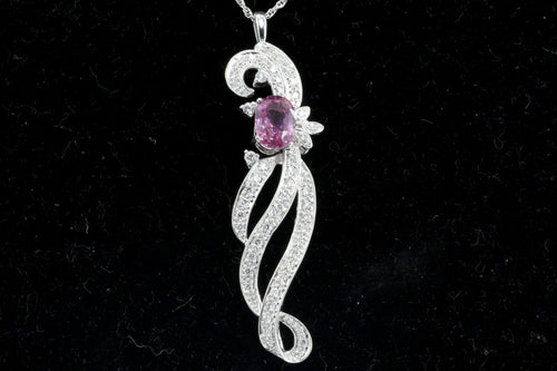 Retro Natural Ceylon Pink Sapphire and Diamond Pendant Necklace - Queen May