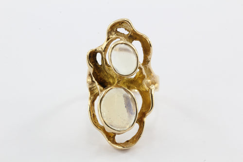 Modernist Abstract 14K Gold Chunky Double Moonstone Ring Signed G - Queen May