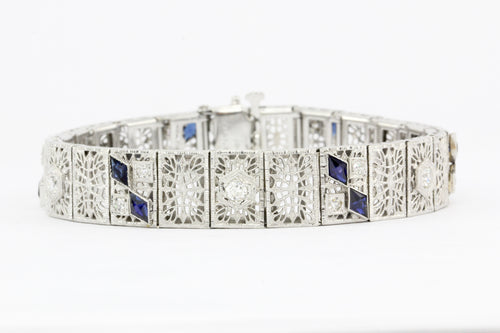 14K White Gold & Platinum Sapphire and .75 CTW Diamond Art Deco Filigree Bracelet - Queen May