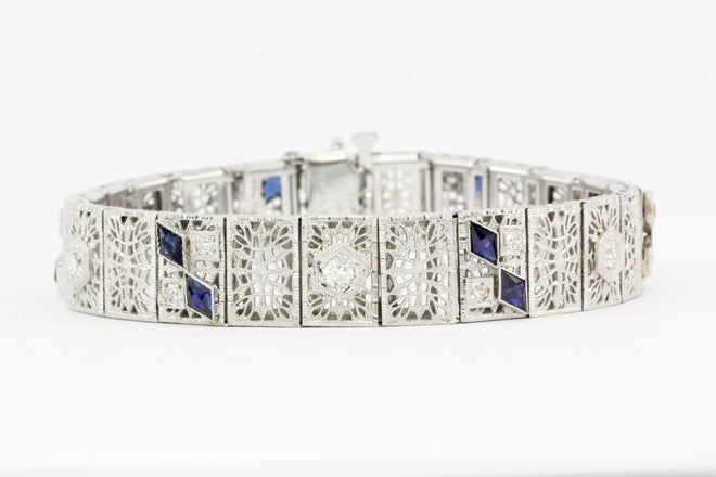 14K White Gold & Platinum Sapphire and .75 CTW Diamond Art Deco Filigree Bracelet - Queen May