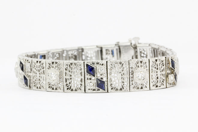 14K White Gold & Platinum Sapphire and .75 CTW Diamond Art Deco Filigree Bracelet - Queen May