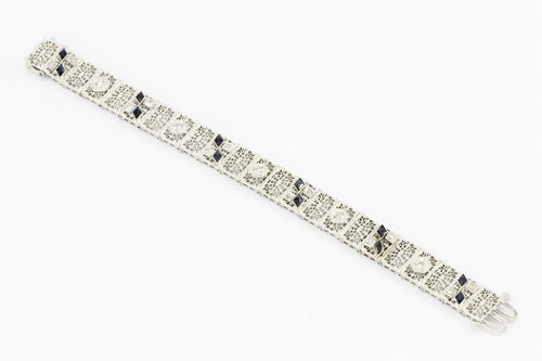 14K White Gold & Platinum Sapphire and .75 CTW Diamond Art Deco Filigree Bracelet - Queen May