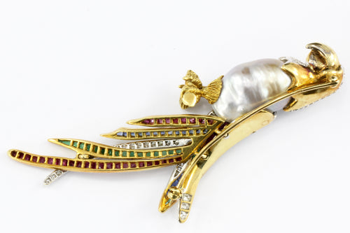 18K Yellow Gold and Platinum Baroque Pearl Ruby Emerald Sapphire and Diamond Parrot Brooch - Queen May