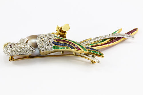 18K Yellow Gold and Platinum Baroque Pearl Ruby Emerald Sapphire and Diamond Parrot Brooch - Queen May