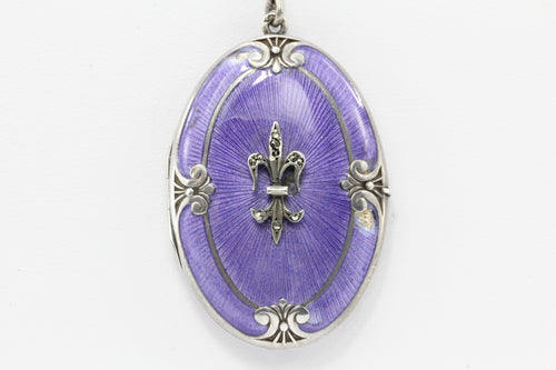 Victorian Sterling Silver Purple Enamel Fleur de Lis Locket w/ Necklace - Queen May