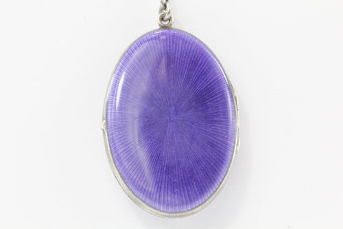 Victorian Sterling Silver Purple Enamel Fleur de Lis Locket w/ Necklace - Queen May