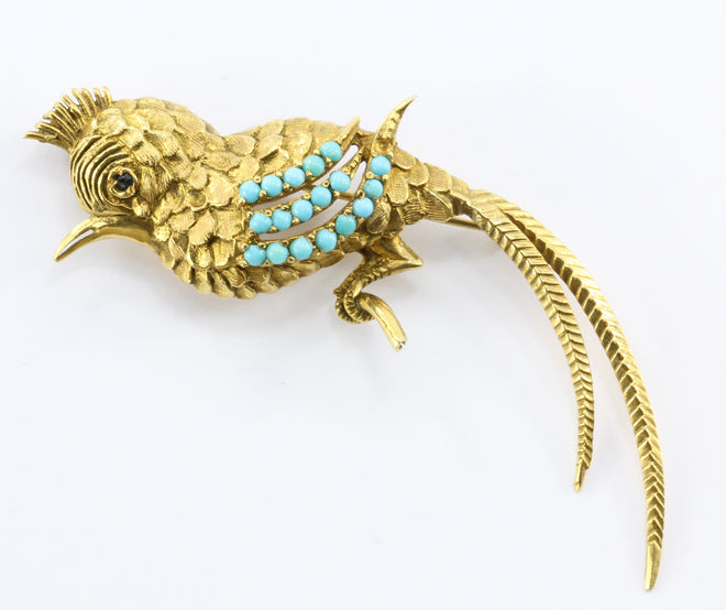 18K Yellow Gold Persian Turquoise Hoopoe bird Brooch / Pin - Queen May