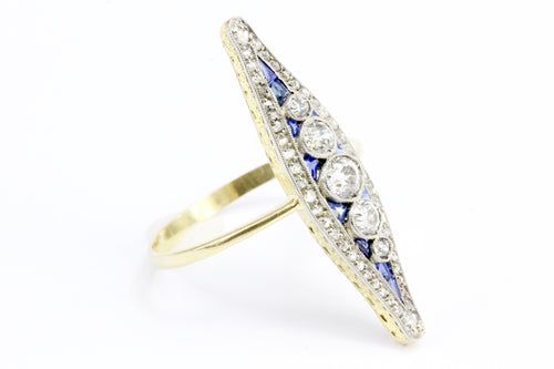 Edwardian 18K Yellow Gold Diamond and Sapphire Navette Ring Size 7 - Queen May