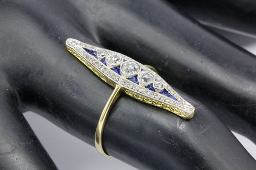 Edwardian 18K Yellow Gold Diamond and Sapphire Navette Ring Size 7 - Queen May