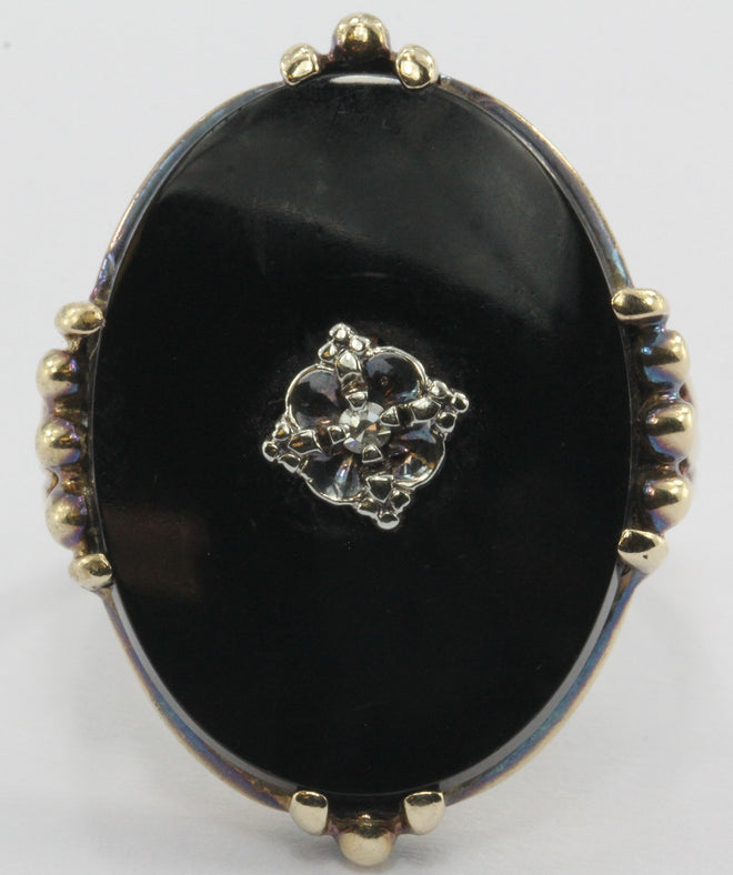 Antique 1930's Victorian Revival 14K Gold Onyx & Diamond Chunky Ring - Queen May